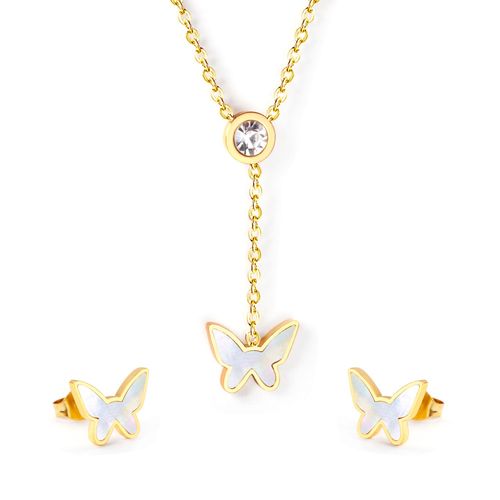 Boucles D'oreilles Papillon En Acier Inoxydable, Accessoires Pour Filles, Collier À Pendentif Rond Cz Couleur Or, Bijoux De Mariage
