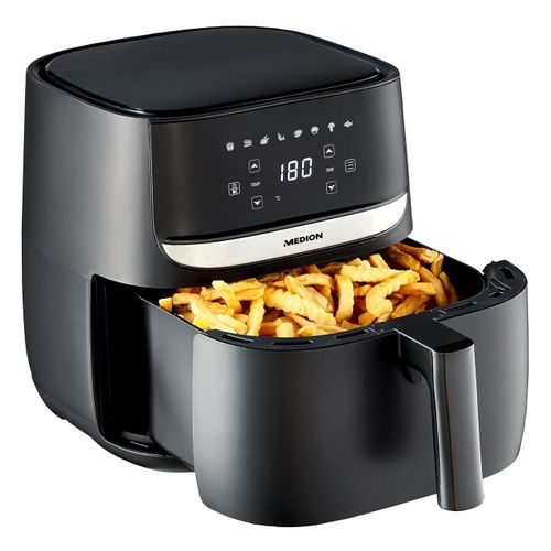 MEDION Air Fryer E50 XL (Friteuse sans huile à air chaud, capacité 5,7 L, 1700 W, 8 programmes automatiques, ecran tactile digital, régulation de la température et du temps, MD10532) noir