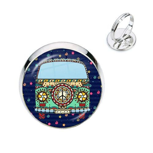 Bagues En Verre Couleur Argent, Nouveau Design, Signe De Paix, Van Bus, Mode, Cabochon Hippie, Badge De Voiture, Bijoux Pour Femmes Et Hommes, Cadeau