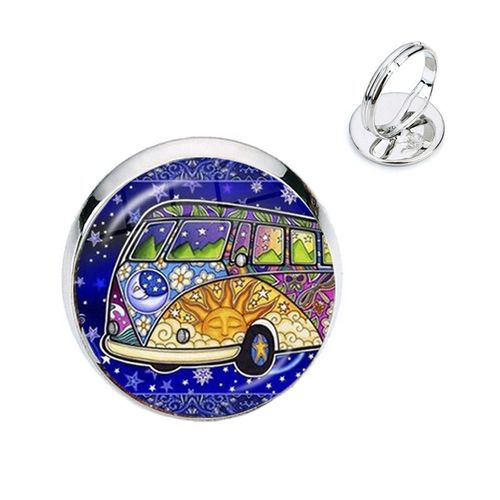 Bagues En Verre Couleur Argent, Nouveau Design, Signe De Paix, Van Bus, Mode, Cabochon Hippie, Badge De Voiture, Bijoux Pour Femmes Et Hommes, Cadeau