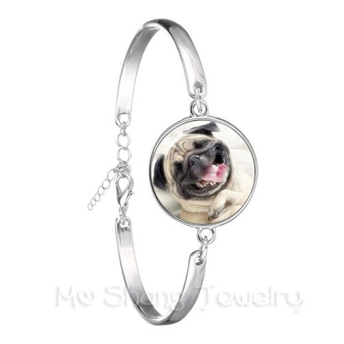 Bracelet Vintage En Argent Plaqué, Carlin Dans Une Tasse De Thé, Chaîne De Cabochon En Verre Pour Chien, Bijoux Cadeau Pour Femmes Et Hommes