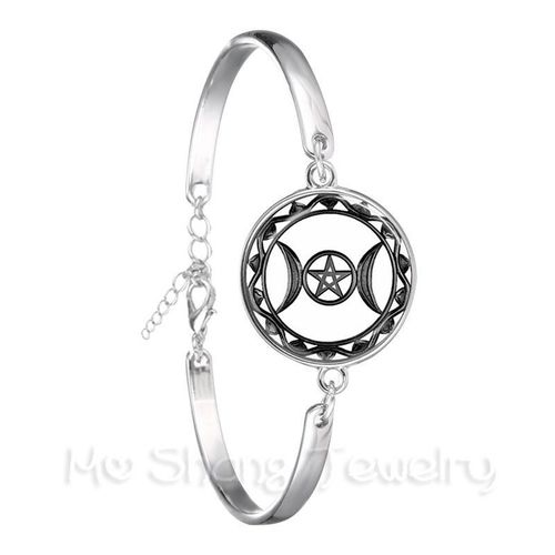 Bracelet En Chaîne De Déesse Triple Lune, Bijoux Pentagramme De Sorcière, Dôme De Verre De 18mm, Wiccan Plaqué Argent, Breloque Wicca Pour Femmes