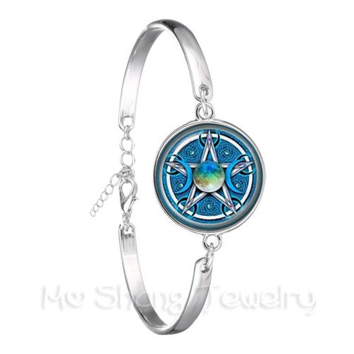 Bracelet En Chaîne De Déesse Triple Lune, Bijoux Pentagramme De Sorcière, Dôme De Verre De 18mm, Wiccan Plaqué Argent, Breloque Wicca Pour Femmes
