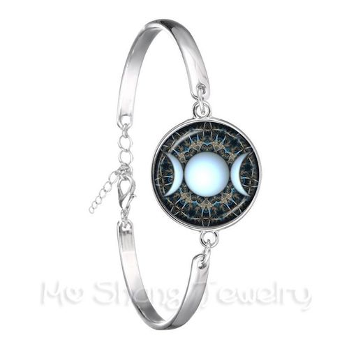 Bracelet En Chaîne De Déesse Triple Lune, Bijoux Pentagramme De Sorcière, Dôme De Verre De 18mm, Wiccan Plaqué Argent, Breloque Wicca Pour Femmes