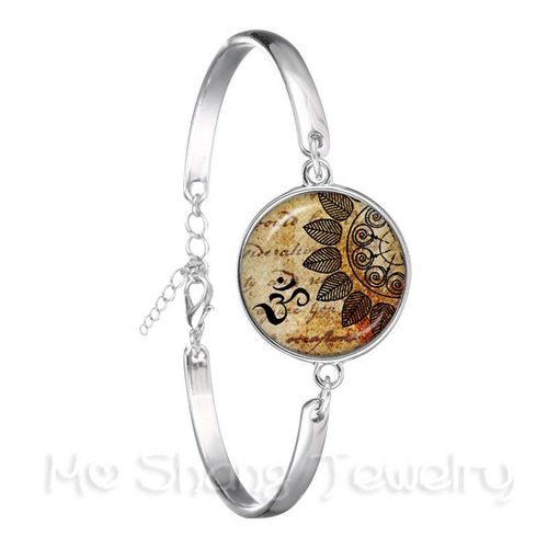 Bracelet Mandala Fleur De Lotus, Cabochon En Verre, Chaîne Plaquée Argent, Géométrie Sacrée, Om, Bijoux À La Mode, Cadeau