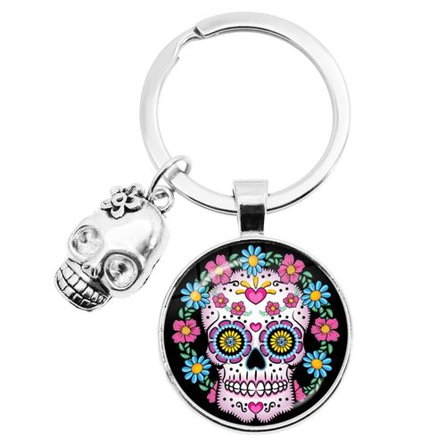 Porte-Clés Exquis En Forme De Crâne De Sucre Coloré, Pendentif En Verre Populaire Mexicain, Bijoux Squelette Et Fleur Pour Unisexe
