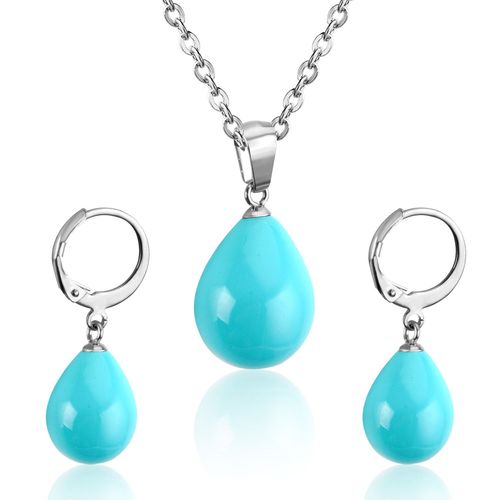 Ensemble De Bijoux De Mariée En Acier De Luxe, En Forme De Goutte D'eau, Blanc/Noir/Rouge/Bleu, Pendentif En Perle, Collier Pour Femmes, Boucles D'oreilles Tombantes