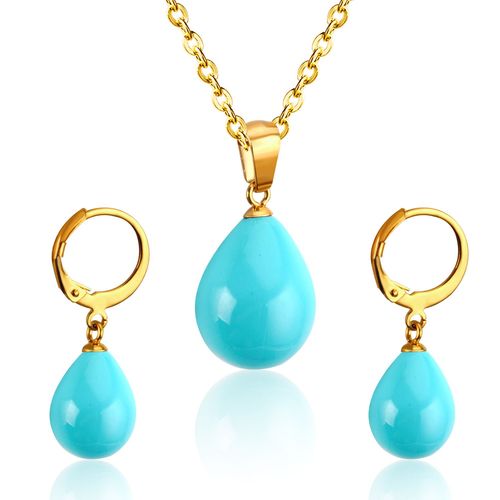 Ensemble De Bijoux De Mariée En Acier De Luxe, En Forme De Goutte D'eau, Blanc/Noir/Rouge/Bleu, Pendentif En Perle, Collier Pour Femmes, Boucles D'oreilles Tombantes