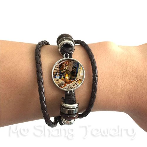 Bracelet Classique Pour Chat, Cabochon En Verre, Animal Fait À La Main, En Cuir Noir/Marron, Cadeau Créatif Pour Amis, 2018