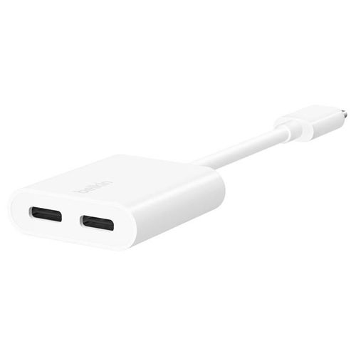 Belkin Connect Audio + Charge - Casque/adaptateur de charge USB-C vers USB-C - 24 pin USB-C mâle pour 24 pin USB-C femelle - 14 m - blanc - USB Power Delivery (60W)