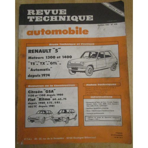 Livre Technique N°426 Renault 5 Moteur 1300 Et 1400 Ts- Tx - Gtl Auto Dep 1974