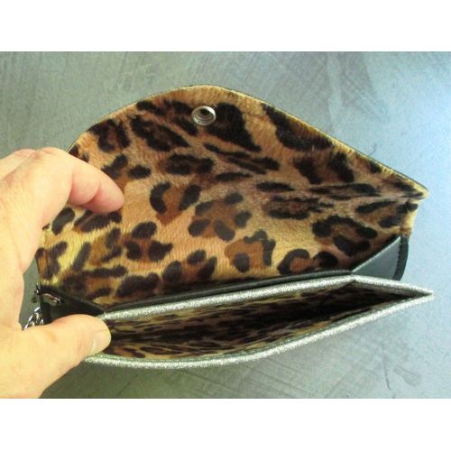 Portefeuille Femme Pochette Simili Noir Et Doré A Paillette + Chaine