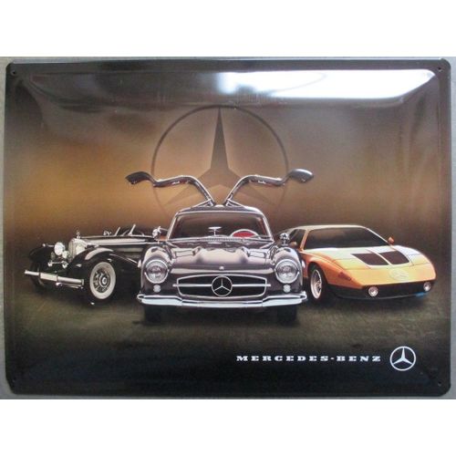Plaque Mercedes 3 Voitures Mythiques Tole Bombée 40cm Pub Garage