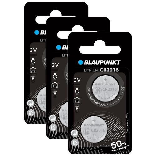 BLAUPUNKT Lot de 3 Packs 2 CR2016 Piles Bouton Lithium Idéale Montre, Porte de Garage, Clé Electronique