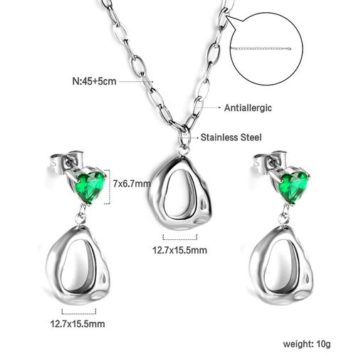 Luxusteel-Ensemble De Bijoux Vintage En Acier Inoxydable Pour Femme, Collier, Boucles D'oreilles, Géométrique, Irrégulier, Clip Vert, Clous De C¿Ur
