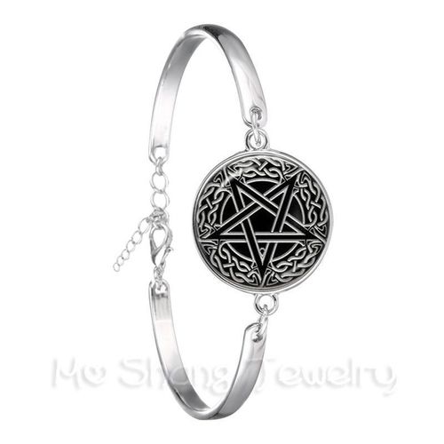 Bracelet Pentacle Satanique Super Naturel, Cabochon En Verre, Goth, Chaîne Plaquée Argent, Meilleurs Cadeaux Wiccan Star, 18mm