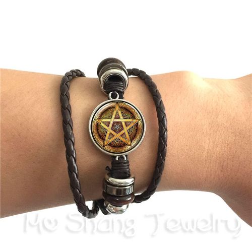 Bracelet Pentacle Classique, Cabochon En Verre, Image D'arbre De Vie, Bijoux En Cuir Noir/Marron, Pour Hommes, Femmes Et Enfants, Cadeau