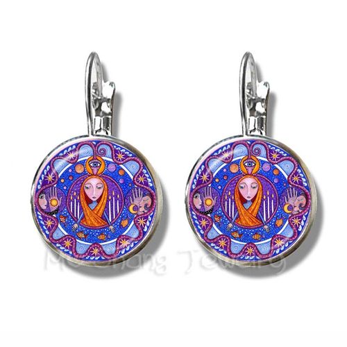 Boucles D'oreilles Bouddhistes, Mandala, Image Artistique, 16mm, Cabochon En Verre Plaqué Argent, Pour Femmes, Om, Bijoux À La Mode, Meilleur Cadeau
