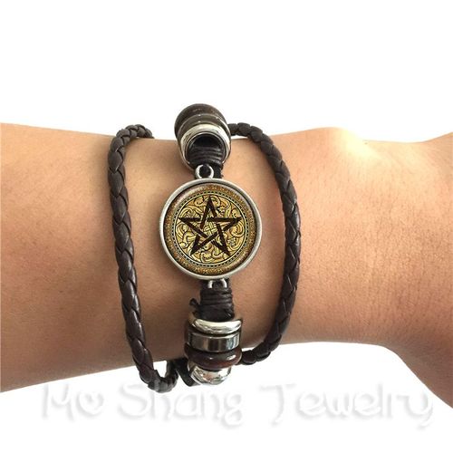 Bracelet Pentagramme Classique En Cuir Noir/Marron, Bijoux Gothiques, Cadeau Païen