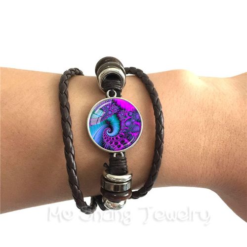 Bracelet En Cuir Noir Avec Fleur De Vie Pour Femme Et Fille, Bijoux De Style Kaleidoscope, Bleu Éblouissant, Cadeau, Bijouterie