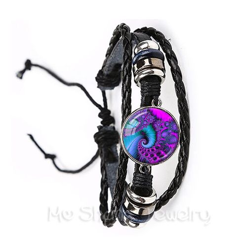 Bracelet En Cuir Noir Avec Fleur De Vie Pour Femme Et Fille, Bijoux De Style Kaleidoscope, Bleu Éblouissant, Cadeau, Bijouterie