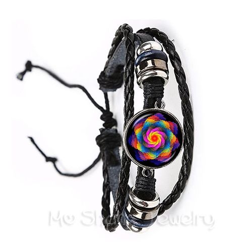Bracelet En Cuir Noir Avec Fleur De Vie Pour Femme Et Fille, Bijoux De Style Kaleidoscope, Bleu Éblouissant, Cadeau, Bijouterie