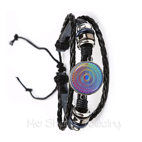 Bracelet En Cuir Noir Avec Fleur De Vie Pour Femme Et Fille, Bijoux De Style Kaleidoscope, Bleu Éblouissant, Cadeau, Bijouterie