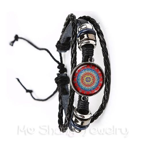 Bracelet Classique Indien Henné Yoga, Symbole Om Bouddhisme Zen, Fleur Mandala Colorée Noir/Marron, 2 Couleurs, Cordons En Cuir