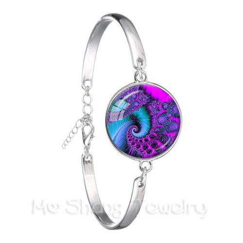 Bracelet En Cuir Noir Avec Fleur De Vie Pour Femme Et Fille, Bijoux De Style Kaleidoscope, Bleu Éblouissant, Cadeau, Bijouterie
