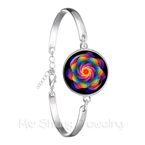 Bracelet En Cuir Noir Avec Fleur De Vie Pour Femme Et Fille, Bijoux De Style Kaleidoscope, Bleu Éblouissant, Cadeau, Bijouterie