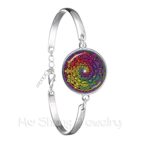 Bracelet En Cuir Noir Avec Fleur De Vie Pour Femme Et Fille, Bijoux De Style Kaleidoscope, Bleu Éblouissant, Cadeau, Bijouterie