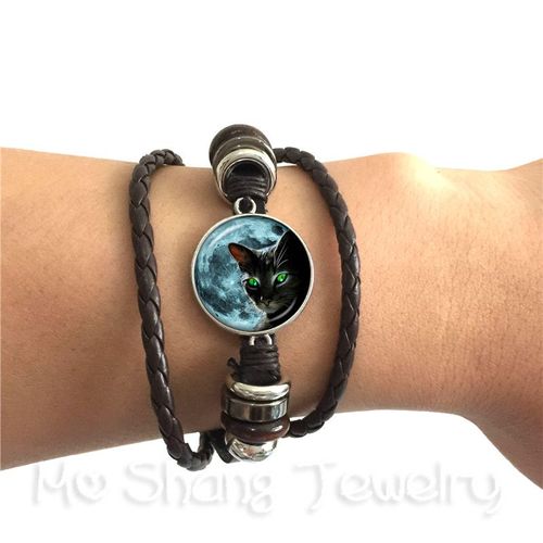Bracelet En Cuir Noir/Marron Pour Femmes Et Hommes, Cabochon En Verre, Unique, Vintage, Réglable, Image De Chat Noir