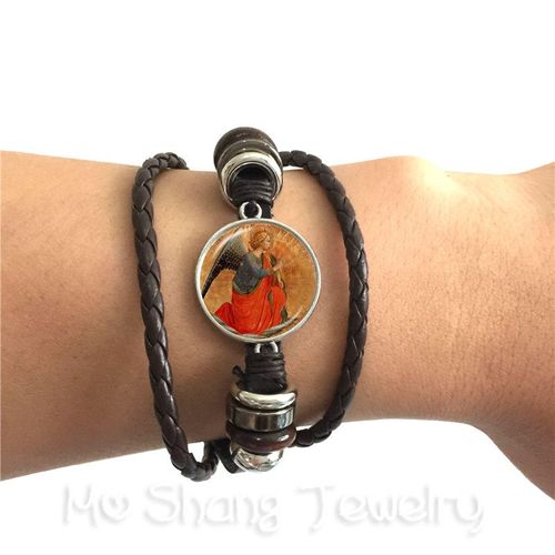 Bracelet En Cuir Réglable, Ange De Noël, 2 Couleurs Noir Et Marron, Cordons En Cuir, Peut Être Sélectionné, Attelle Dôme En Verre