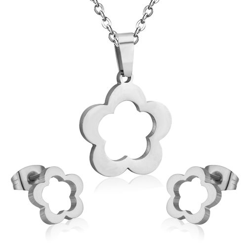 Luxusteel-Collier Pendentif Fleur Évidé Pour Femme, Style Simple, Ensembles De Boucles D'oreilles En Acier Inoxydable Pour Fille, Bijoux Fantaisie
