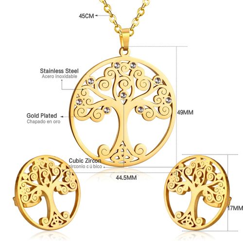 Ensemble De Boucles D'oreilles Et Collier Arbre De Vie En Acier Inoxydable Pour Femmes Et Filles, Pendentif Rond Creux En Cz, Bijoux De Mariage De Couleur Or