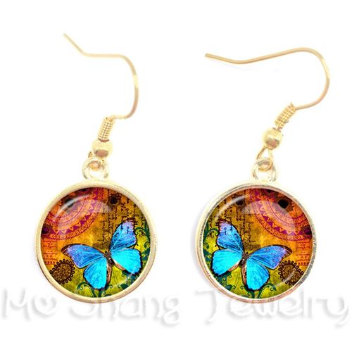 Boucles D'oreilles Romantiques Et Mignonnes En Verre Pour Femmes, Image De Papillon Blanc Et Bleu, Cadeau De Mariage