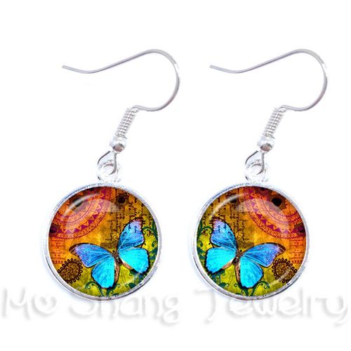 Boucles D'oreilles Romantiques Et Mignonnes En Verre Pour Femmes, Image De Papillon Blanc Et Bleu, Cadeau De Mariage