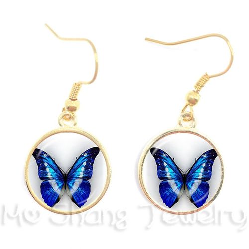 Boucles D'oreilles Romantiques Et Mignonnes En Verre Pour Femmes, Image De Papillon Blanc Et Bleu, Cadeau De Mariage