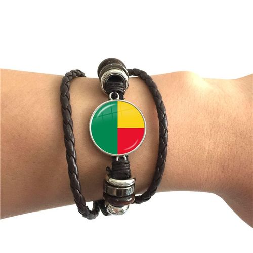 Bracelet En Cuir Avec Cabochon En Verre, En Forme De Drapeau National Bénien, Pour La Guinée, La Saint-Helène, Le Nigeria, La Guinée, Cadeau De Bijoux
