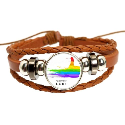 Bracelet En Cuir Tissé Marron Lgbt, Bi Pride, Cabochon En Verre, Gay Pride, Rainbow Feel, Photo Snap Button Bangle, Bijoux Cadeau, 18mm