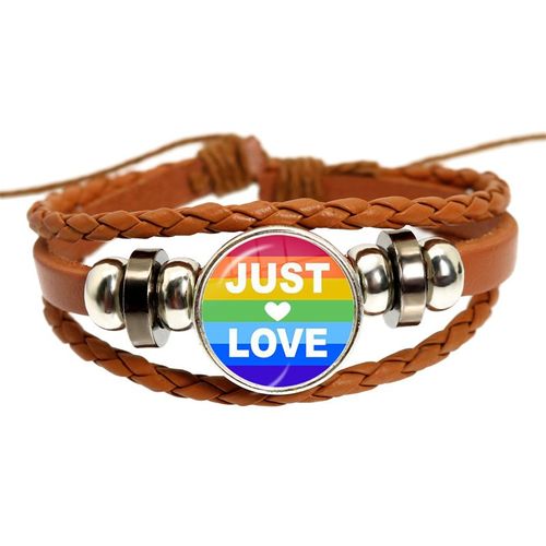 Bracelet En Cuir Tissé Marron Lgbt, Bi Pride, Cabochon En Verre, Gay Pride, Rainbow Feel, Photo Snap Button Bangle, Bijoux Cadeau, 18mm
