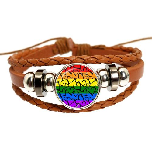 Bracelet En Cuir Tissé Marron Lgbt, Bi Pride, Cabochon En Verre, Gay Pride, Rainbow Feel, Photo Snap Button Bangle, Bijoux Cadeau, 18mm