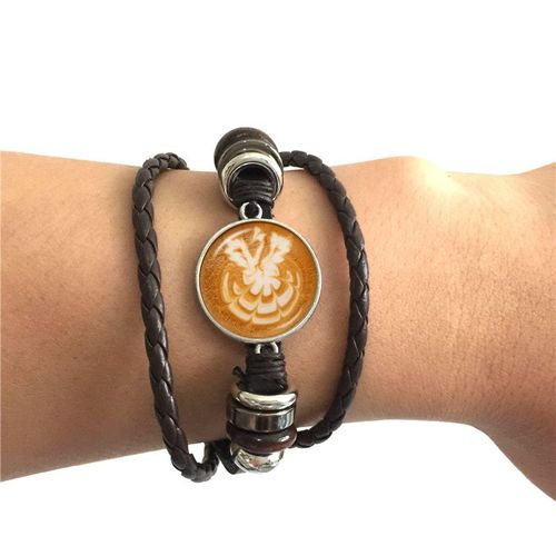 Bracelet En Cuir Avec Cabochon En Verre, Sculpture De Café Latte, Trèfle À Quatre Feuilles Avec Impression De Chocolat, Bijoux De Charme Pour Femmes Et Hommes