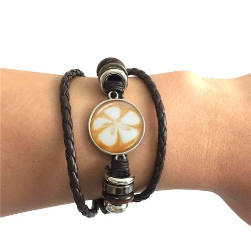 Bracelet En Cuir Avec Cabochon En Verre, Sculpture De Café Latte, Trèfle À Quatre Feuilles Avec Impression De Chocolat, Bijoux De Charme Pour Femmes Et Hommes