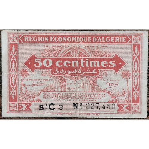 Billet 50 Centimes Francs 31 - 1 - 1944 Région Economique D' Algérie Série C3