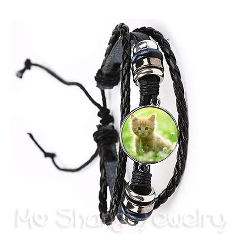 Bracelet En Verre Pour Chat, Accessoire Tendance, Cabochon Animal Fait À La Main, Réglable En Cuir Noir/Marron, Cadeau Créatif Pour Amoureux Des Chats