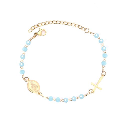 Bracelet De Luxe En Acier Inoxydable Avec Perles En Cristal, Croix De Jésus, Chaîne De Main D'extension En Acier Inoxydable Pour Femmes, Bijoux De Plage D'été Rose/Bleu