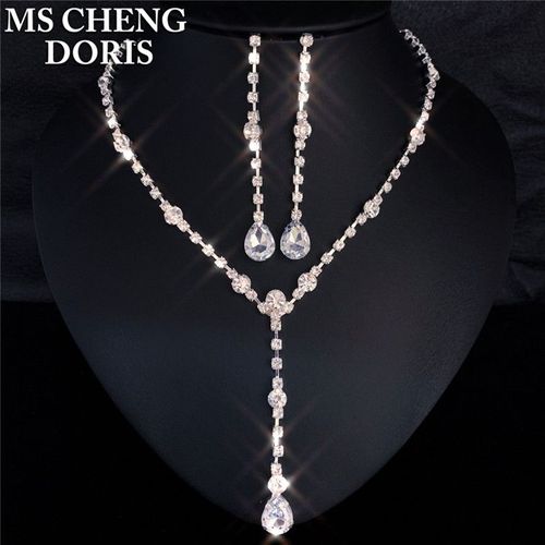 Collier Et Boucles D'oreilles En Cristal Plaqué Argent, Long Pendentif En Biscuits Goutte D'eau, Ensemble De Bijoux Élégants Pour Patients De Mariage