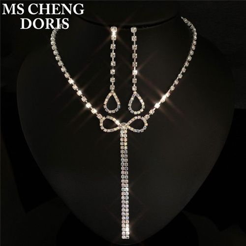 Collier Et Boucles D'oreilles En Cristal Plaqué Argent, Long Pendentif En Biscuits Goutte D'eau, Ensemble De Bijoux Élégants Pour Patients De Mariage
