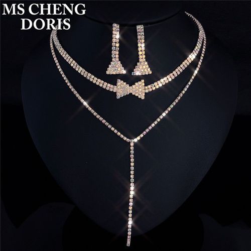 Collier Et Boucles D'oreilles En Cristal Plaqué Argent, Long Pendentif En Biscuits Goutte D'eau, Ensemble De Bijoux Élégants Pour Patients De Mariage